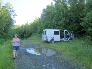 Appalachian Trail Deb and van at dropoff point on logging road Appalachian Trail Deb and van at dropoff point on logging road