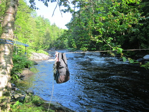 Appalachian Trail South side of Big Wilson Stream ford with my pack on the rope. Appalachian Trail South side of Big Wilson Stream ford with my pack on the rope.